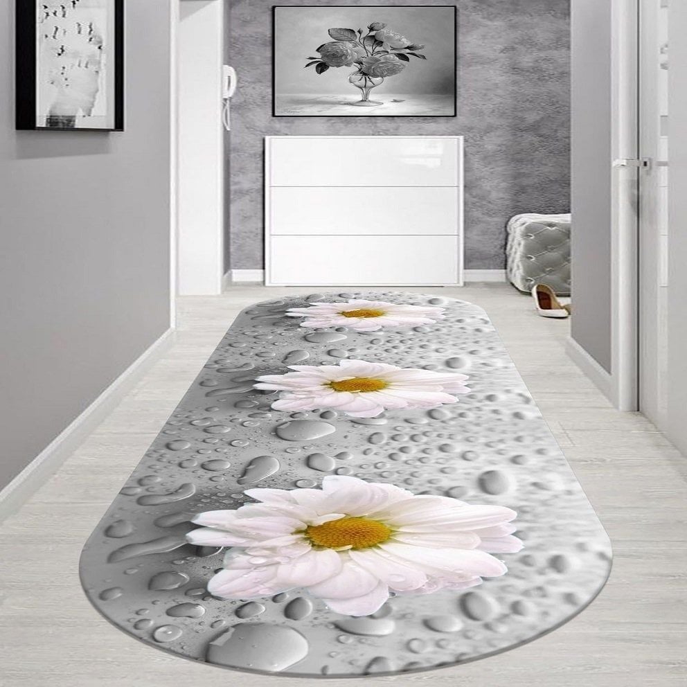 Dot Taban- Papatya Desenli Gri Renkli Oval Salon Ve Yolluk Halısı Dod Taban - 80 x 350