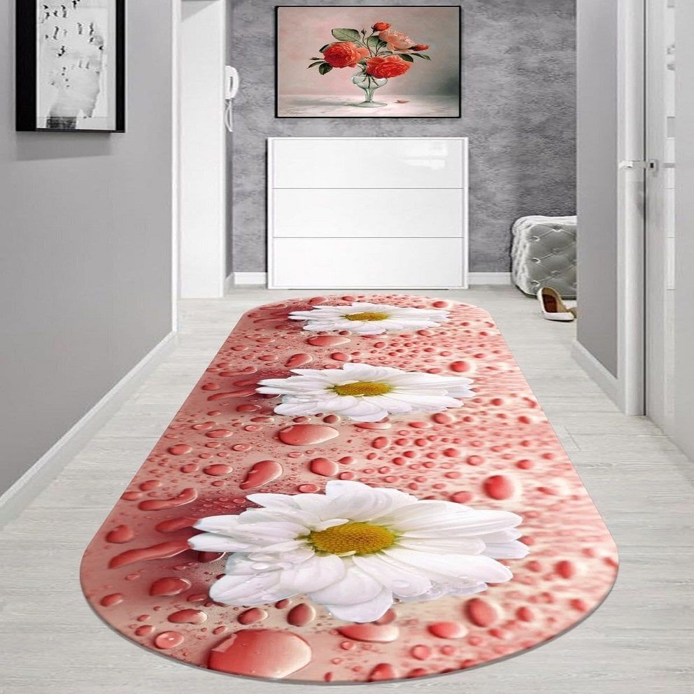 Dot Taban- Papatya Desenli Pembe Renkli Oval Salon Ve Yolluk Halısı