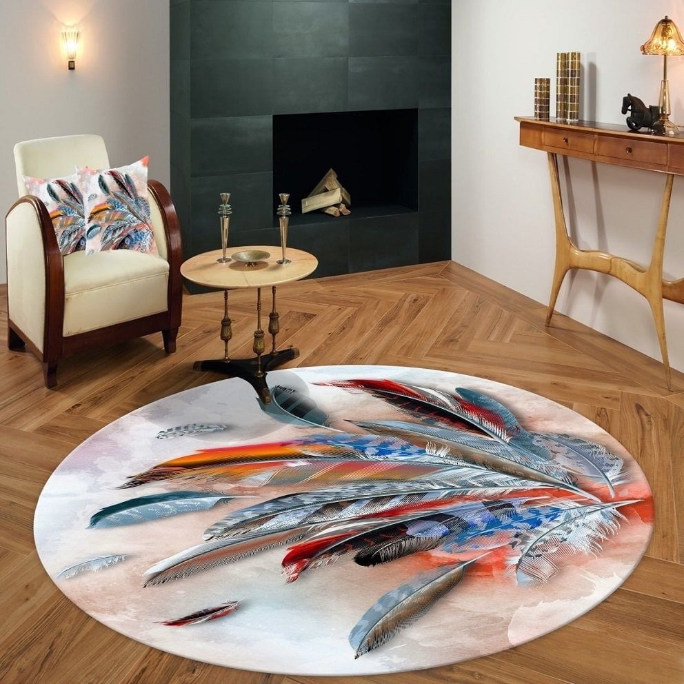 Tüy Desenli Kırmızı Krem Yuvarlak Salon Halısı