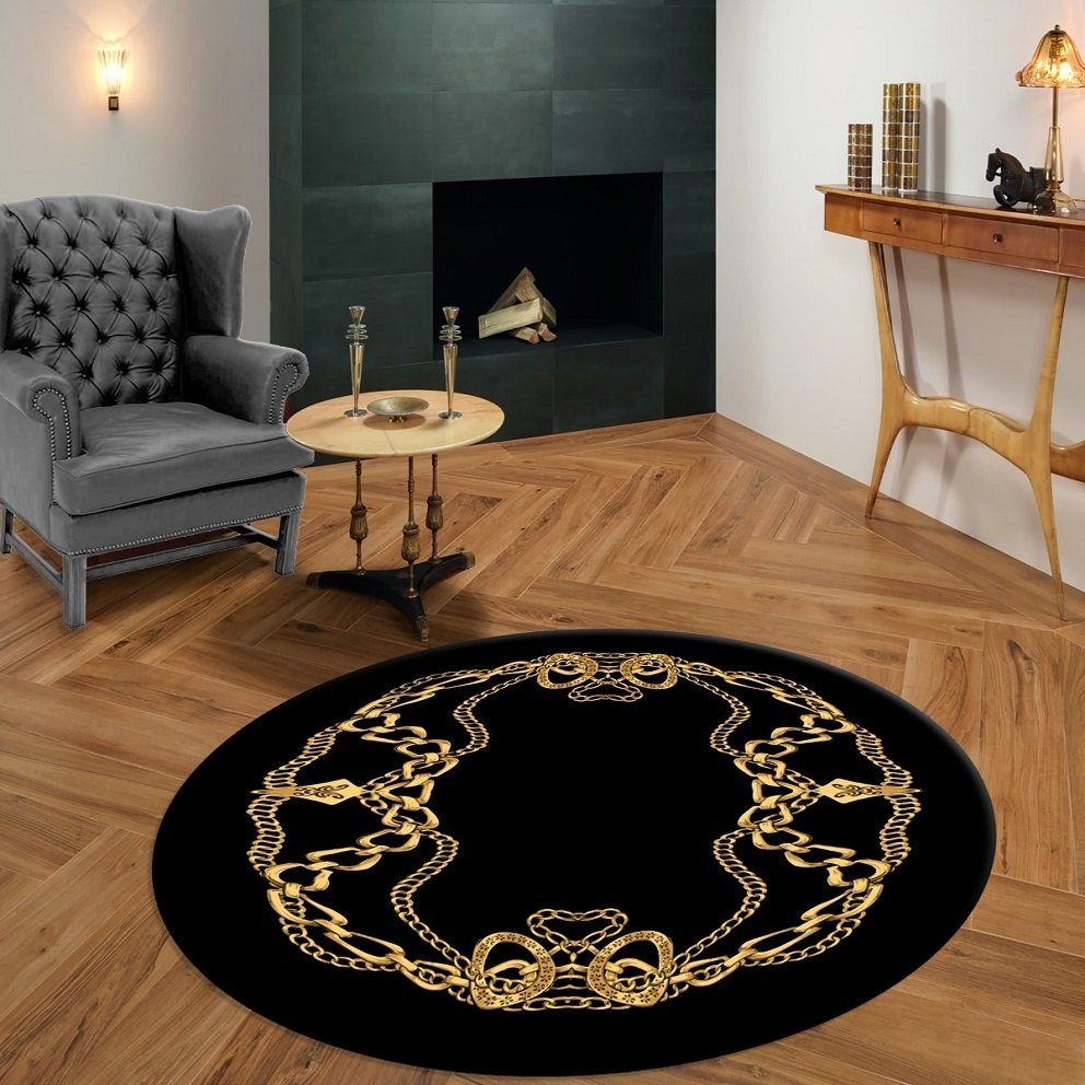 Zincir Desenli Siyah Yuvarlak Salon Halısı