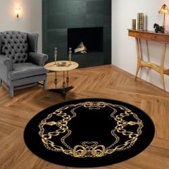 Zincir Desenli Siyah Yuvarlak Salon Halısı