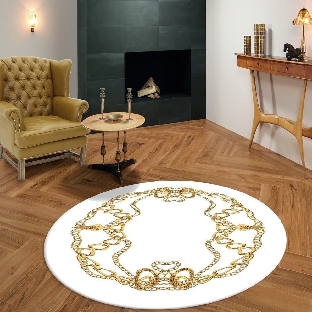 Zincir Desenli Beyaz Yuvarlak Salon Halısı