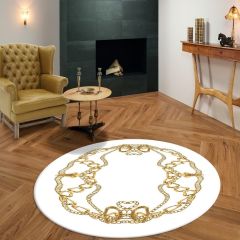 Zincir Desenli Beyaz Yuvarlak Salon Halısı