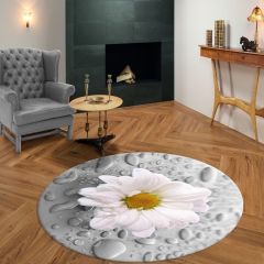 Papatya Desenli Gri Renkli Yuvarlak Salon Halısı