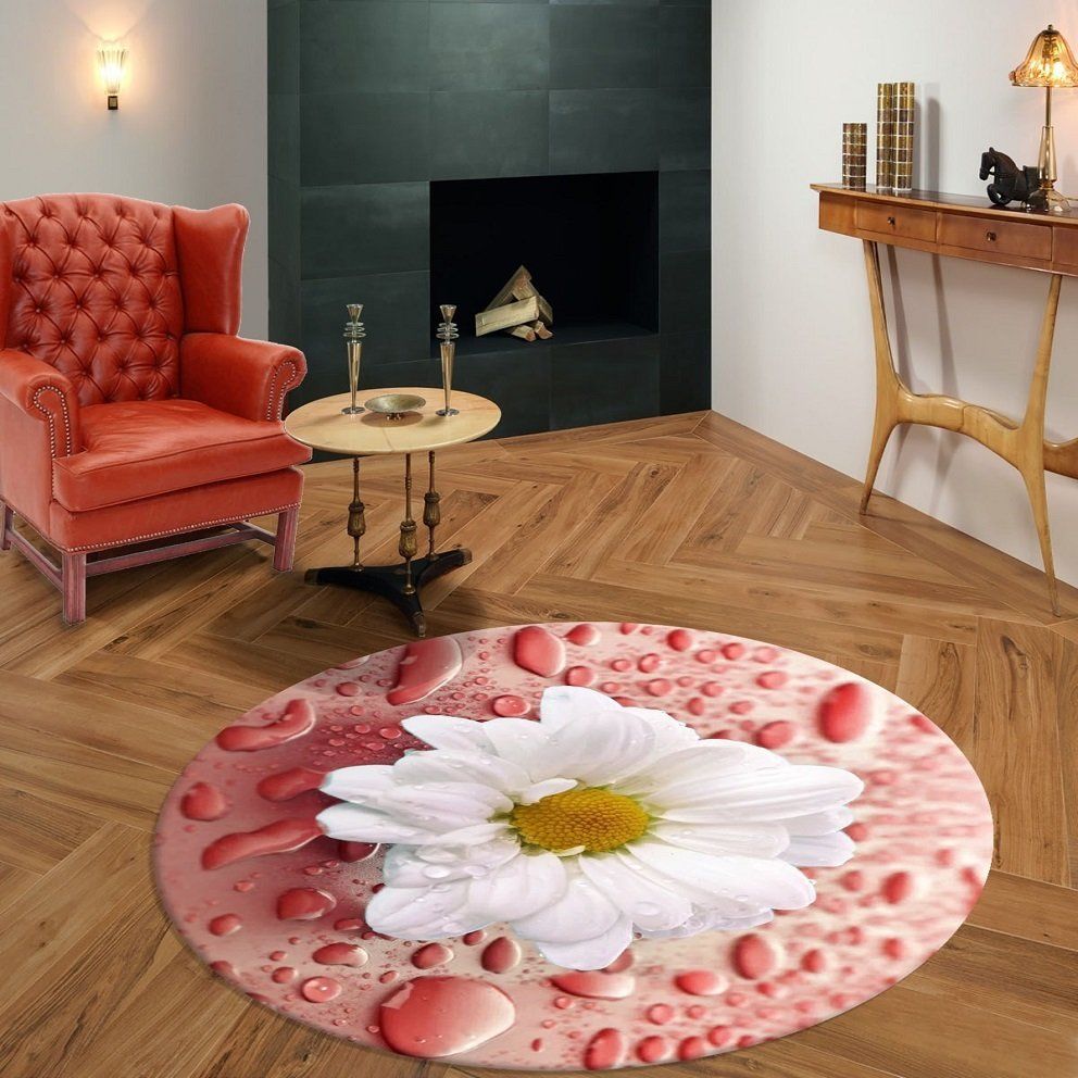 Papatya Desenli Pembe Renkli Yuvarlak Salon Halısı