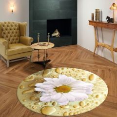 Papatya Desenli Sarı Renkli Yuvarlak Salon Halısı