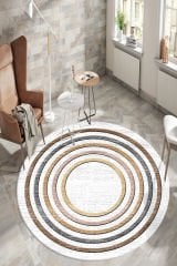 3d Trend Çizgili Beyaz Zeminli Yuvarlak Salon Halısı