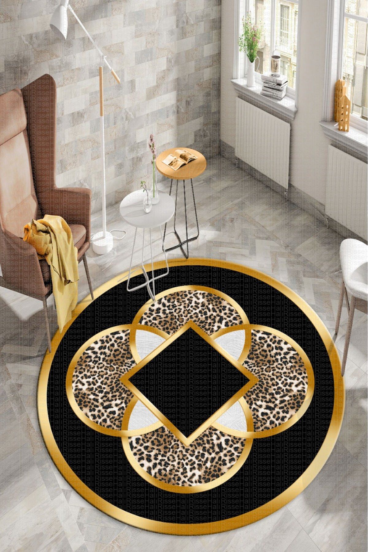 Gold Halka Desenli Leopar Efektli Yuvarlak Salon Halısı