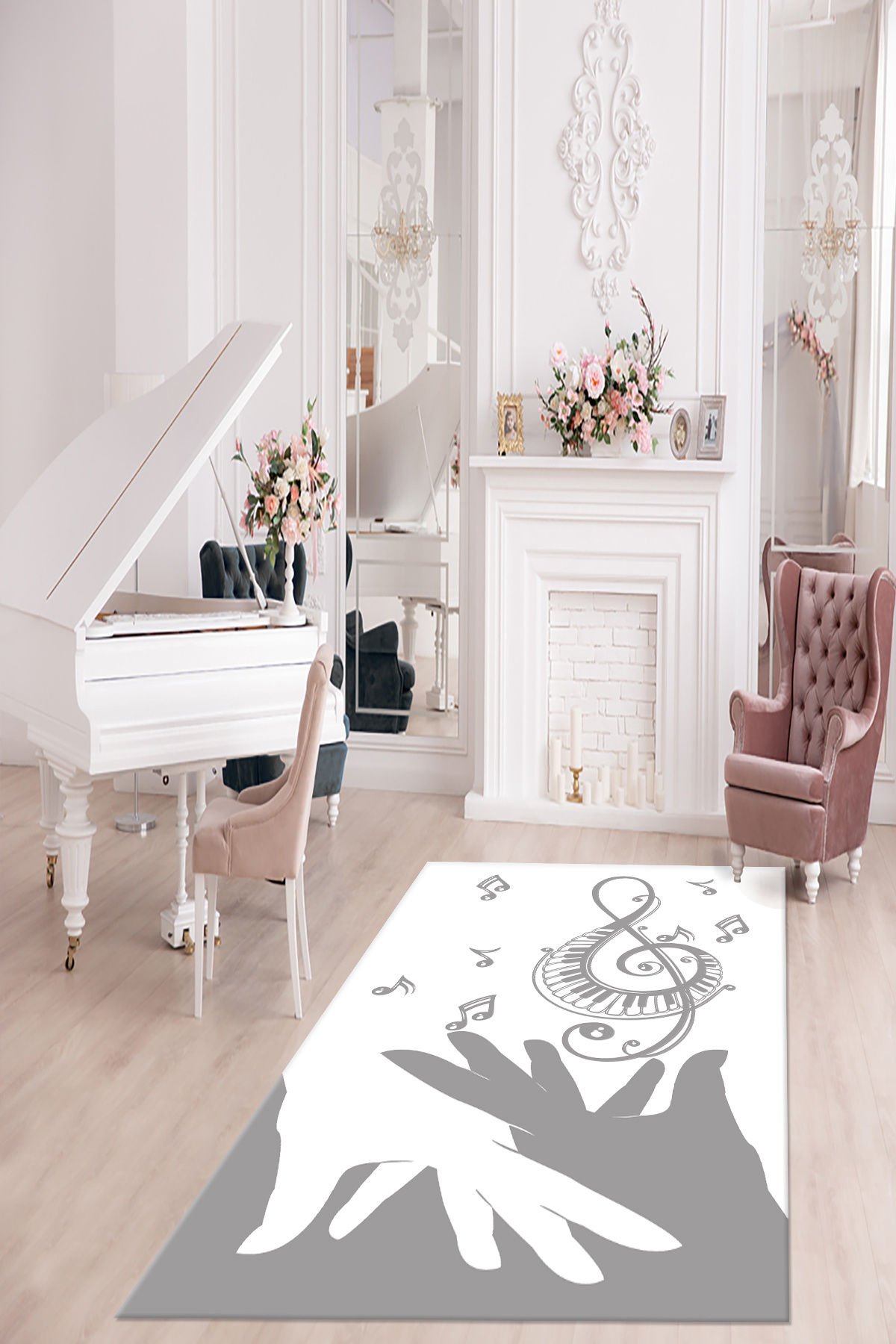 Dot Taban- Gri  Beyaz Bitmeyen Müzik Sevdası Temalı Salon Halısı