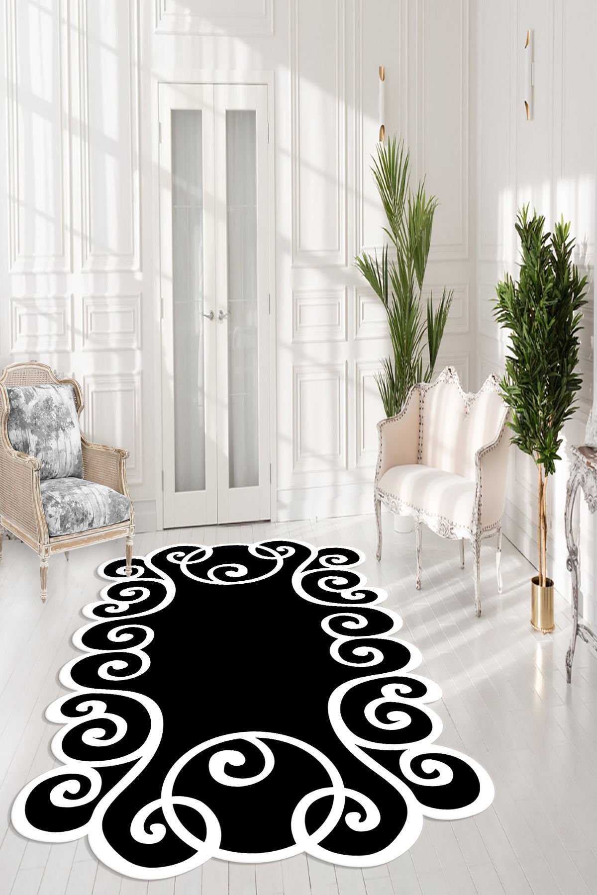 Dot Taban- Siyah Beyaz Lazer Kesimli Yuvarlak Desenli Salon Halısı