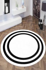 Beyaz Zeminli Siyah Çerçeveli Yuvarlak Salon Halısı