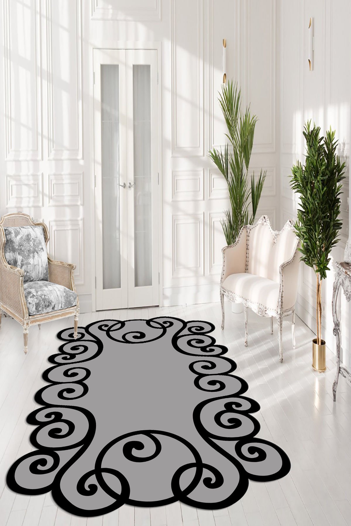 Dot Taban- Siyah Gri Lazer Kesimli Yuvarlak Desenli Salon Halısı