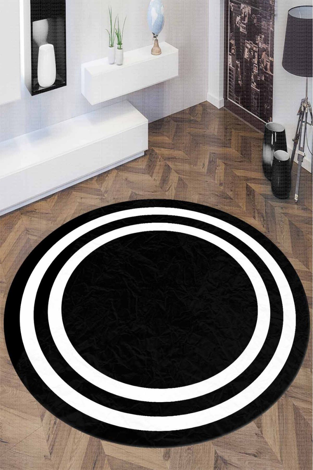 Siyah Zeminli Beyaz Çerçeveli Yuvarlak Salon Halısı
