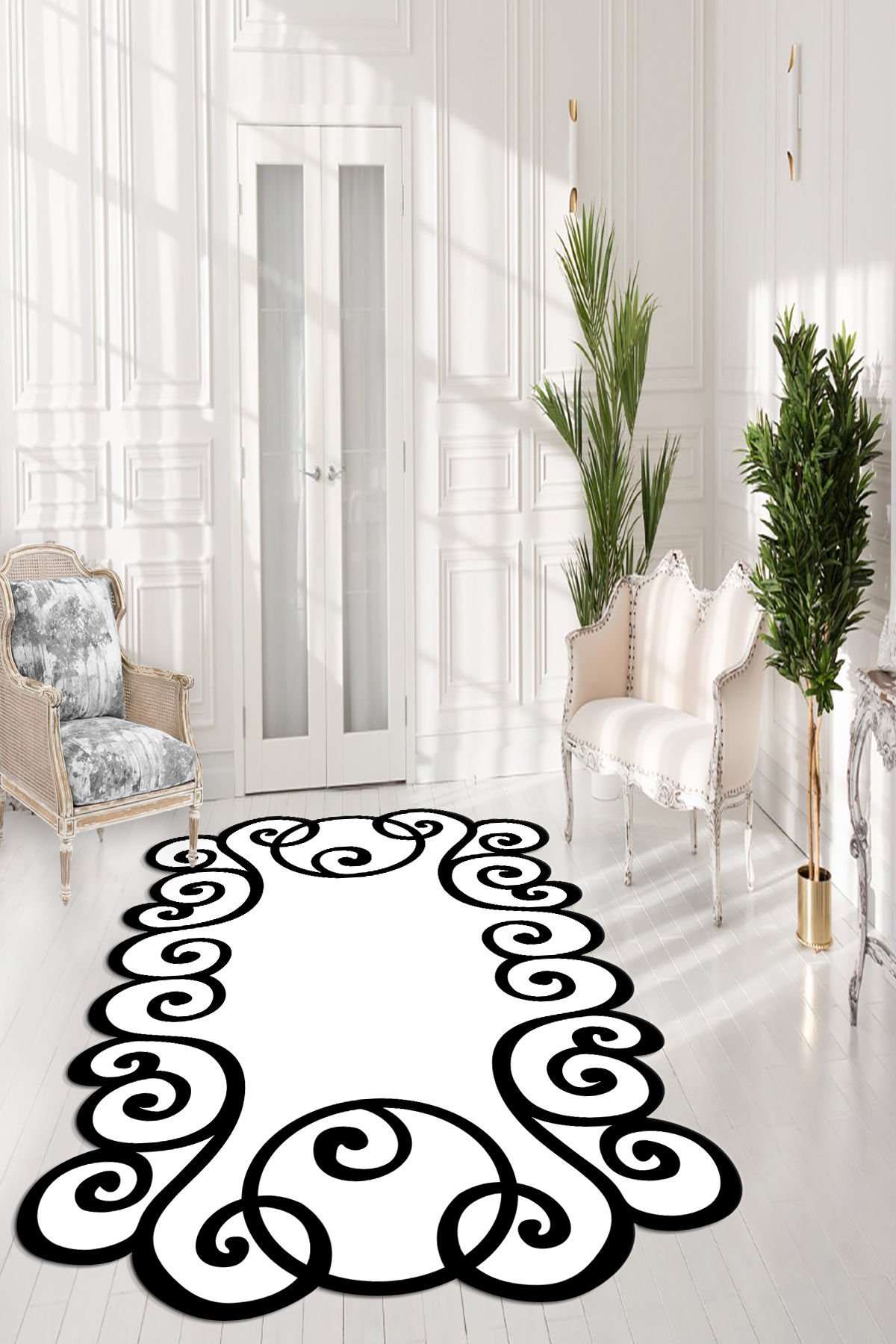 Dot Taban- Siyah Krem Lazer Kesimli Yuvarlak Desenli Salon Halısı
