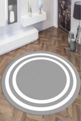 Gri Zeminli Beyaz Çerçeveli Yuvarlak Salon Halısı