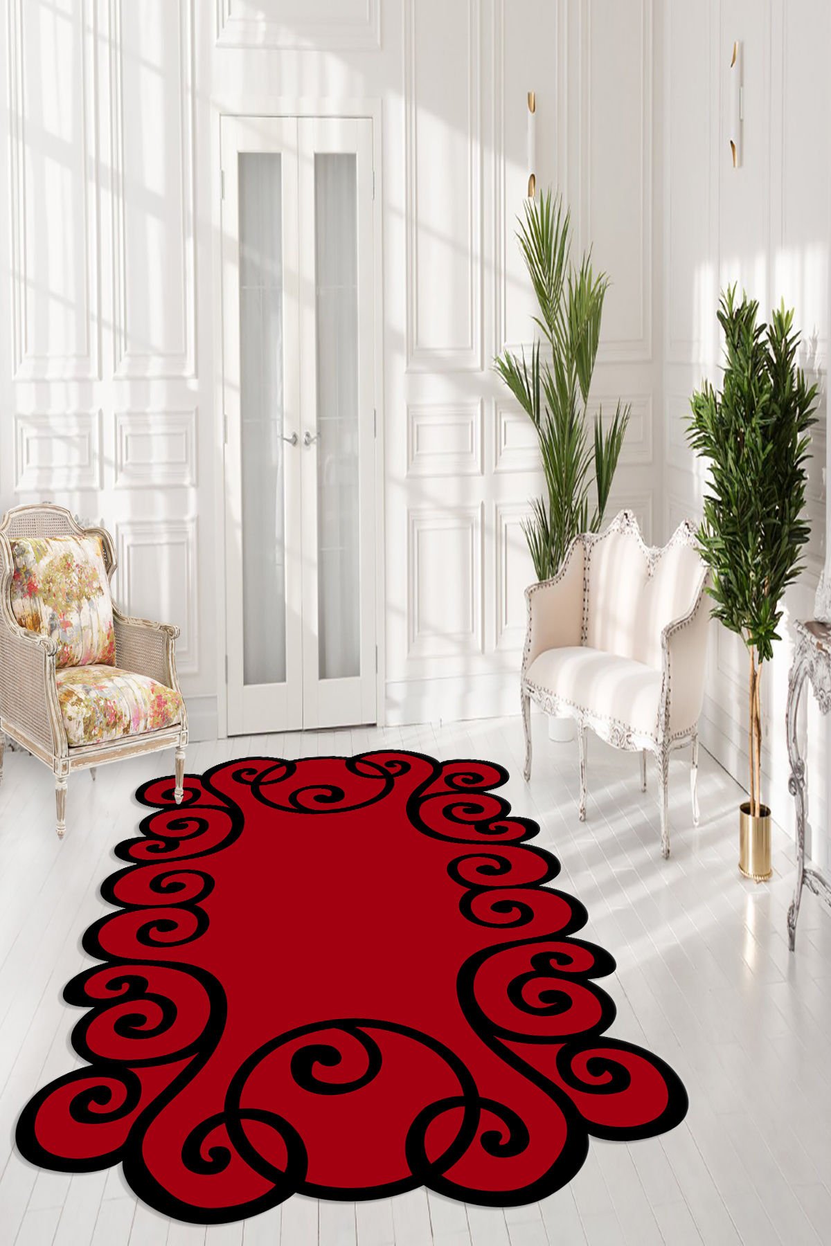 Dot Taban- Siyah Kırmızı Lazer Kesimli Yuvarlak Desenli Salon Halısı