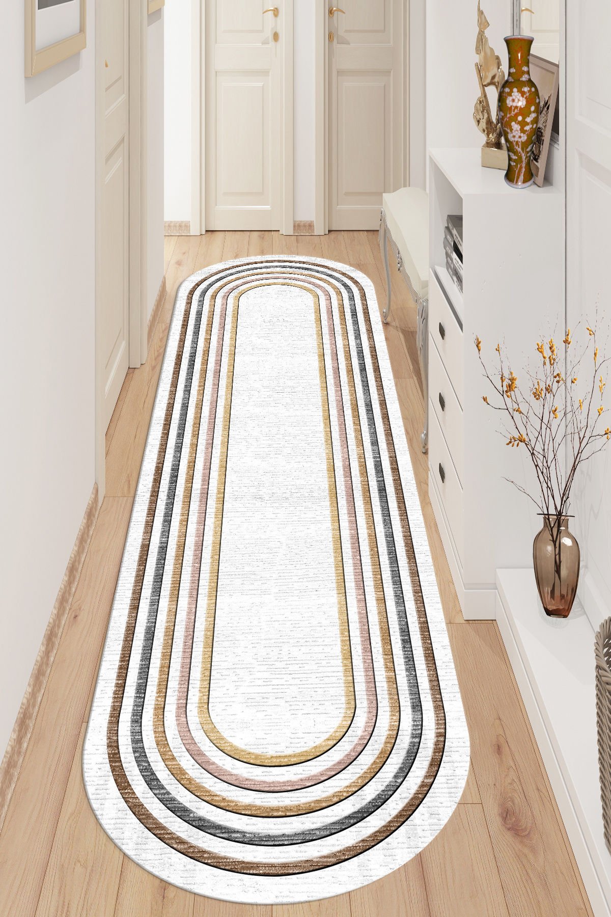 Dot Taban- 3d Trend Çizgili Beyaz Zeminli Oval Yolluk Salon Halısı