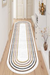Dot Taban- 3d Trend Çizgili Beyaz Zeminli Oval Yolluk Salon Halısı