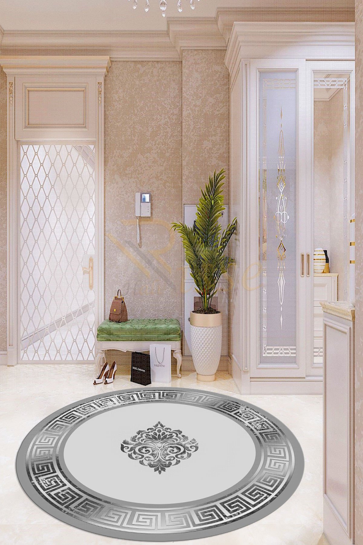 New Trend Yollu Gri Renkli Versa Desenli Yuvarlak Salon Halısı