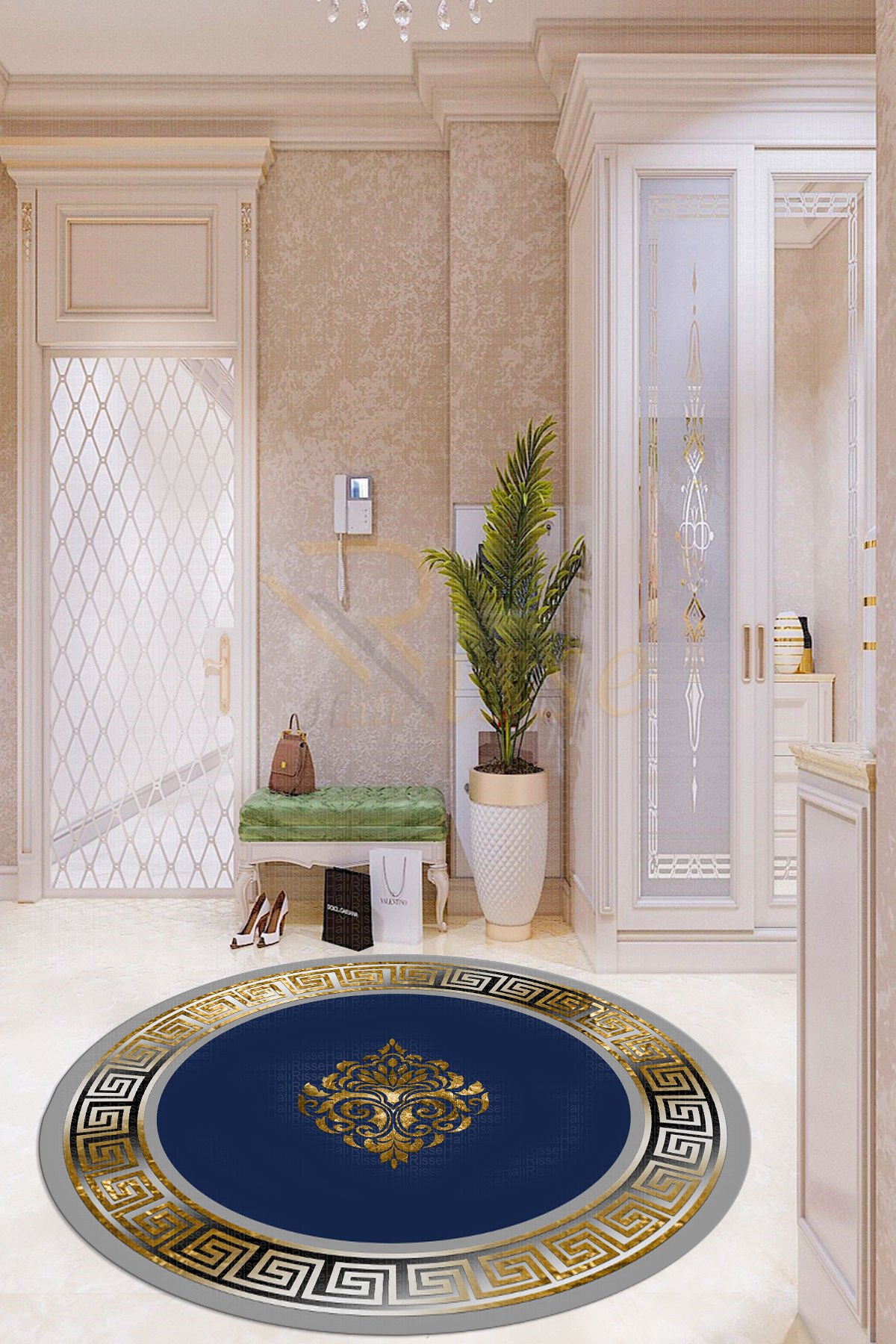 New Trend Yollu Gri Lacivert Renkli Versa Desenli Yuvarlak Salon Halısı