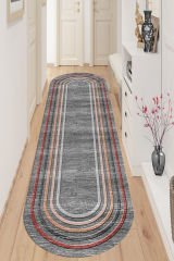 Dot Taban- 3d Trend Çizgili Gri Zeminli Oval Yolluk Salon Halısı