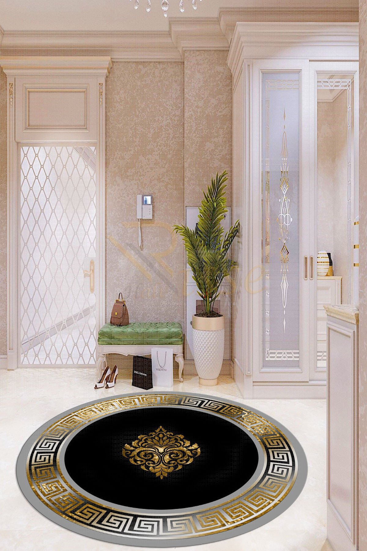 New Trend Yollu Gri Siyah Renkli Versa Desenli Yuvarlak Salon Halısı