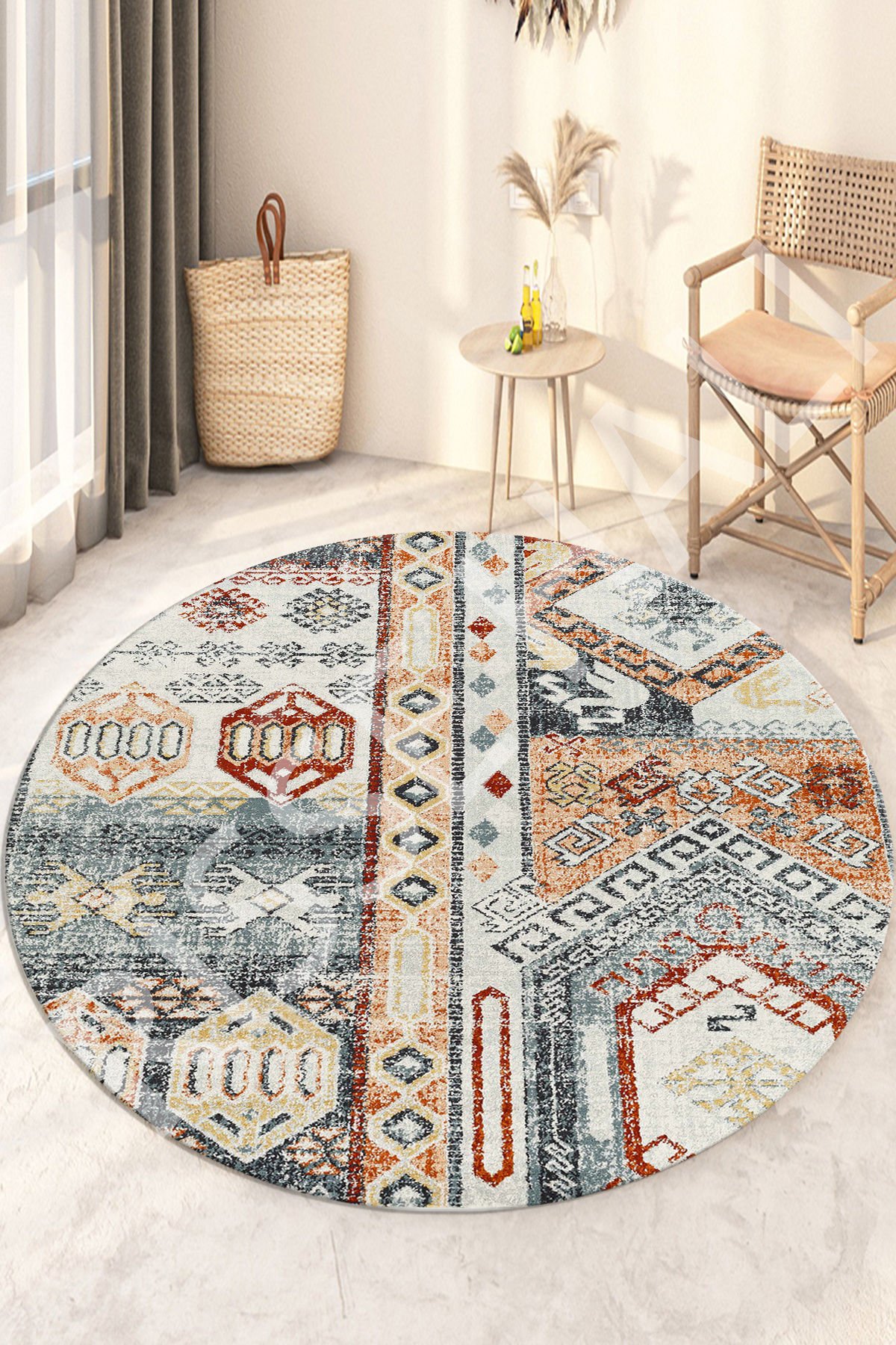 Patchwork Kiremit Gri Desenli Kaydırmaz Makinede yıkanır leke tutmaz Yuvarlak Halı