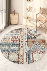 Patchwork Kiremit Gri Desenli Kaydırmaz Makinede yıkanır leke tutmaz Yuvarlak Halı