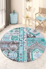 Patchwork Yeşil Mavi Desenli Kaydırmaz Makinede yıkanır leke tutmaz Yuvarlak Halı
