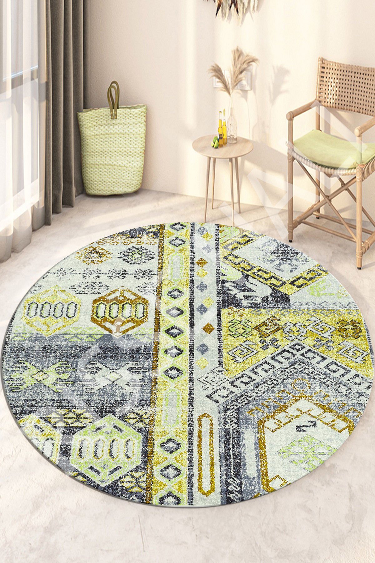 Patchwork Gold Gri Desenli Kaydırmaz Makinede yıkanır leke tutmaz Yuvarlak Halı