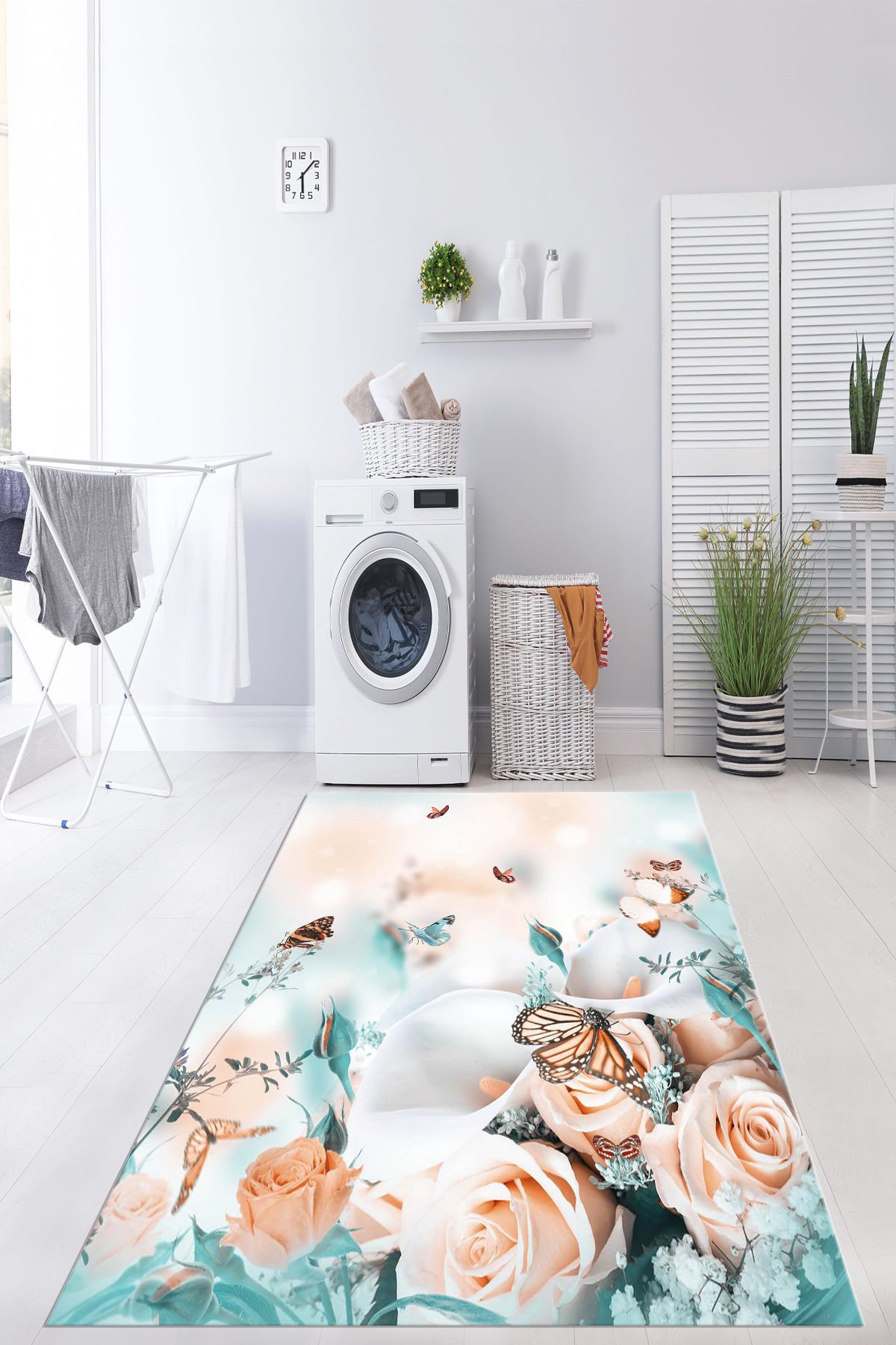 Dot Taban- Turkuaz Zeminli Pudra Gül Desenli Çamaşır Odası Ve Salon Halısı