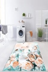 Dot Taban- Turkuaz Zeminli Pudra Gül Desenli Çamaşır Odası Ve Salon Halısı