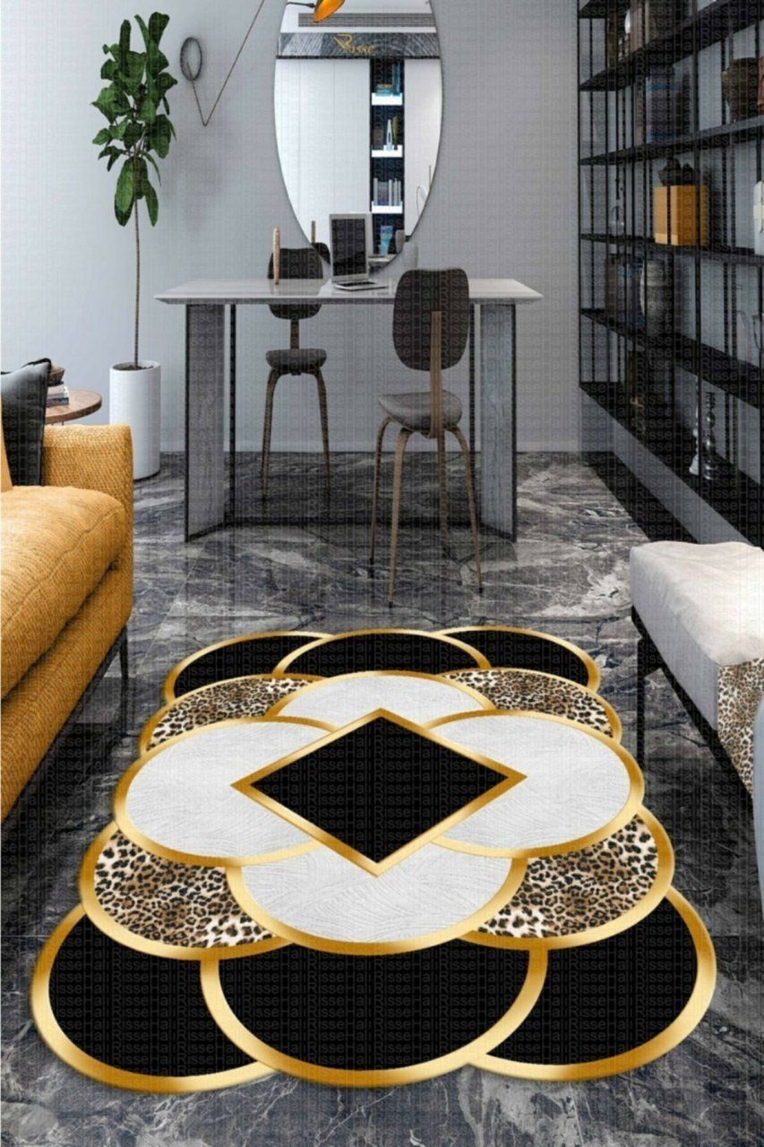 Dot Taban- Gold Halka Desenli Leopar Efektli Salon Halısı