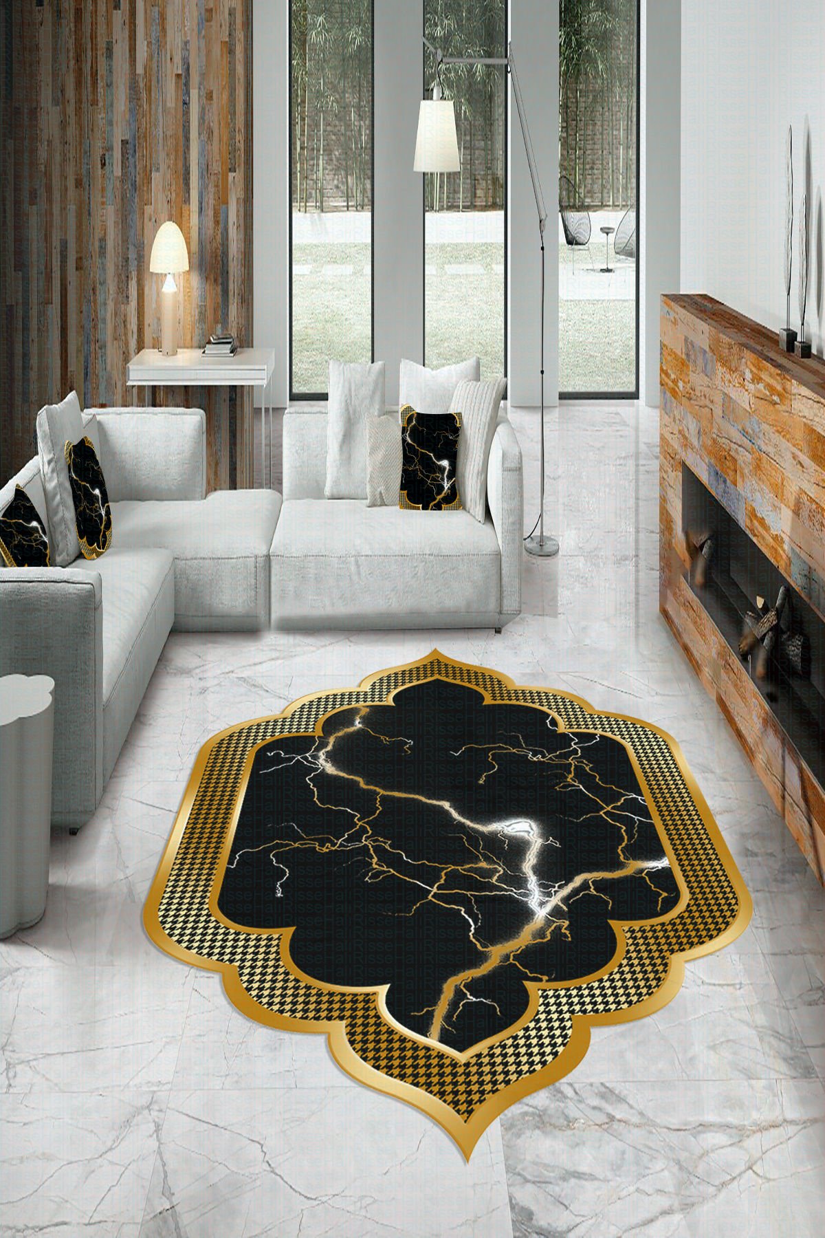 Dot Taban- Lazer Kesim Gold Siyah Renkli Yıldırım Mermer Desenli Salon Halısı
