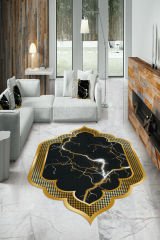 Dot Taban- Lazer Kesim Gold Siyah Renkli Yıldırım Mermer Desenli Salon Halısı