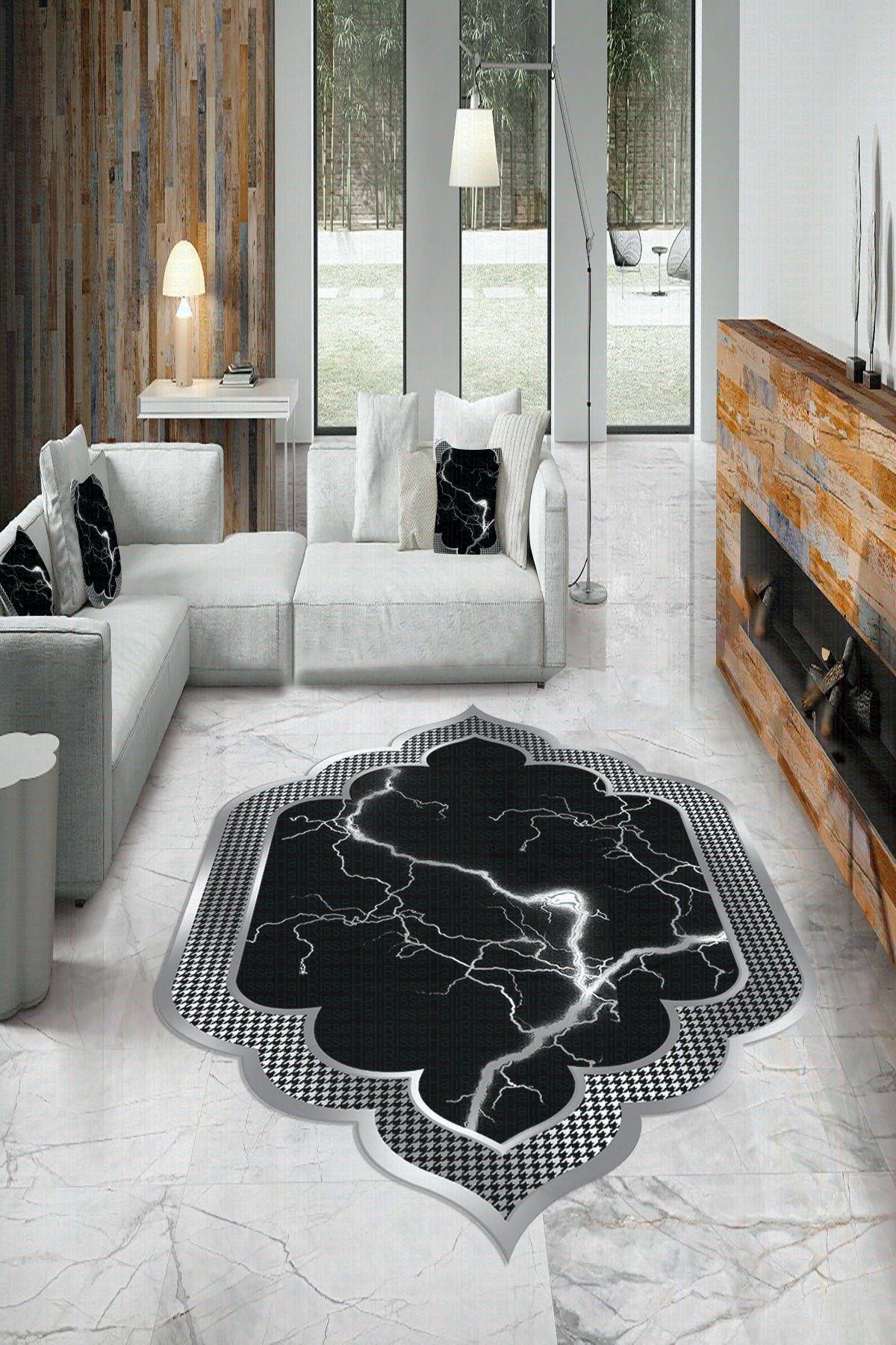 Dot Taban- Lazer Kesim Siyah Gümüş Renkli Yıldırım Mermer Desenli Salon Halısı