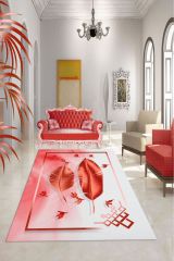 Dot Taban- Kırmızı Tüy Desenli Yaprak Motifli Salon Halısı