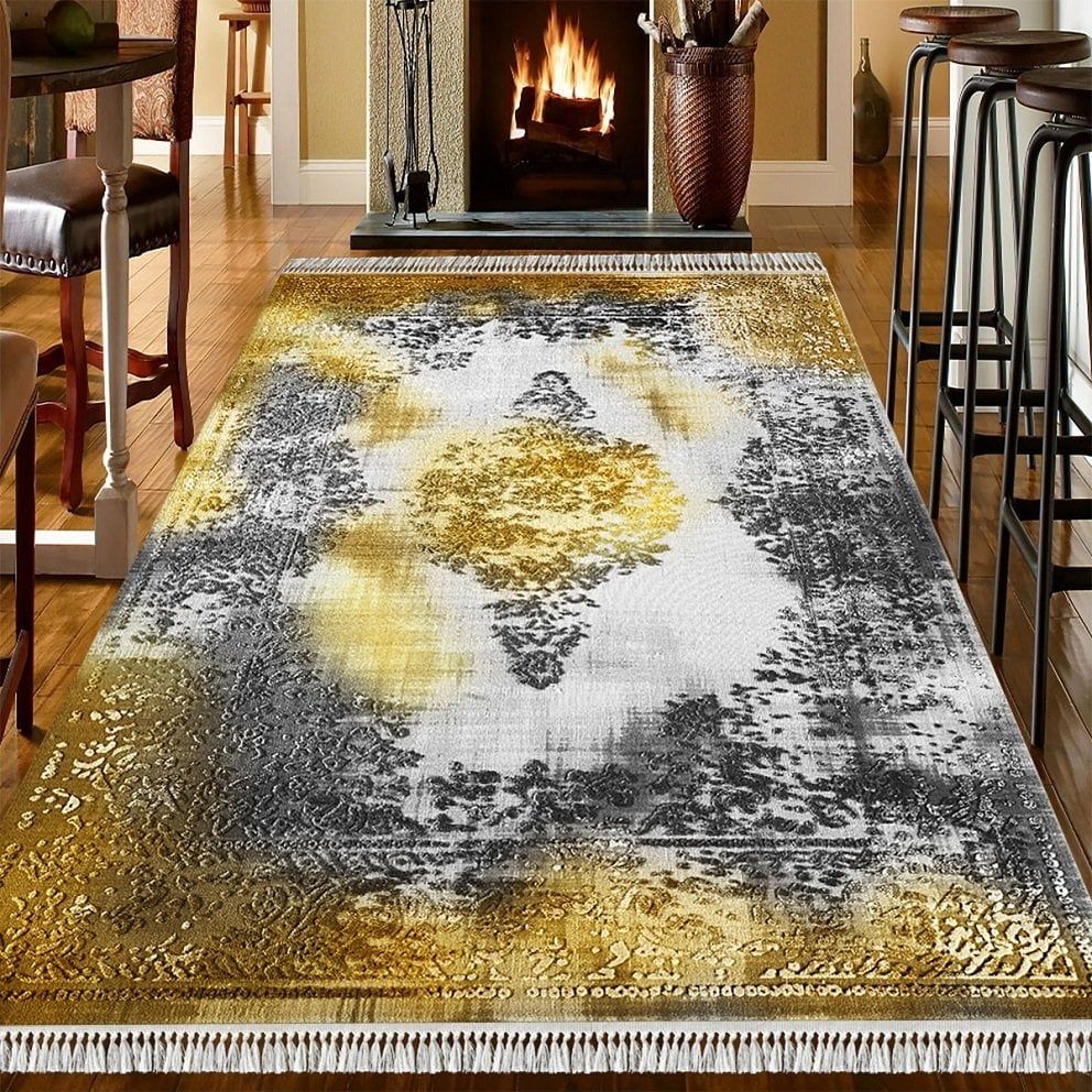 Dot Taban- Dokuma Efektli Sarı Gri Desenli Salon Halısı Dod Taban - 100 x 350