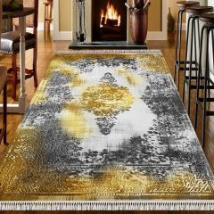 Dot Taban- Dokuma Efektli Sarı Gri Desenli Salon Halısı Dod Taban - 100 x 350