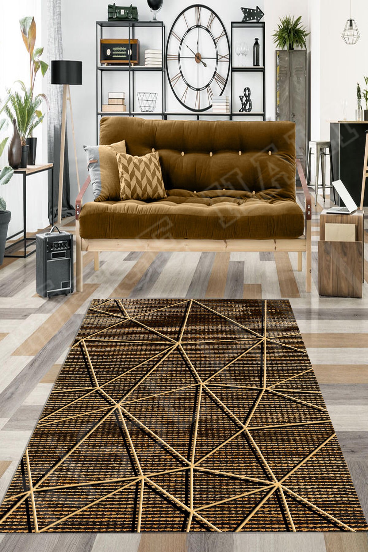 Dot Taban- Decozade 3D Çizgili Bej Kaydırmaz Makinede yıkanır leke tutmaz Salon Halısı