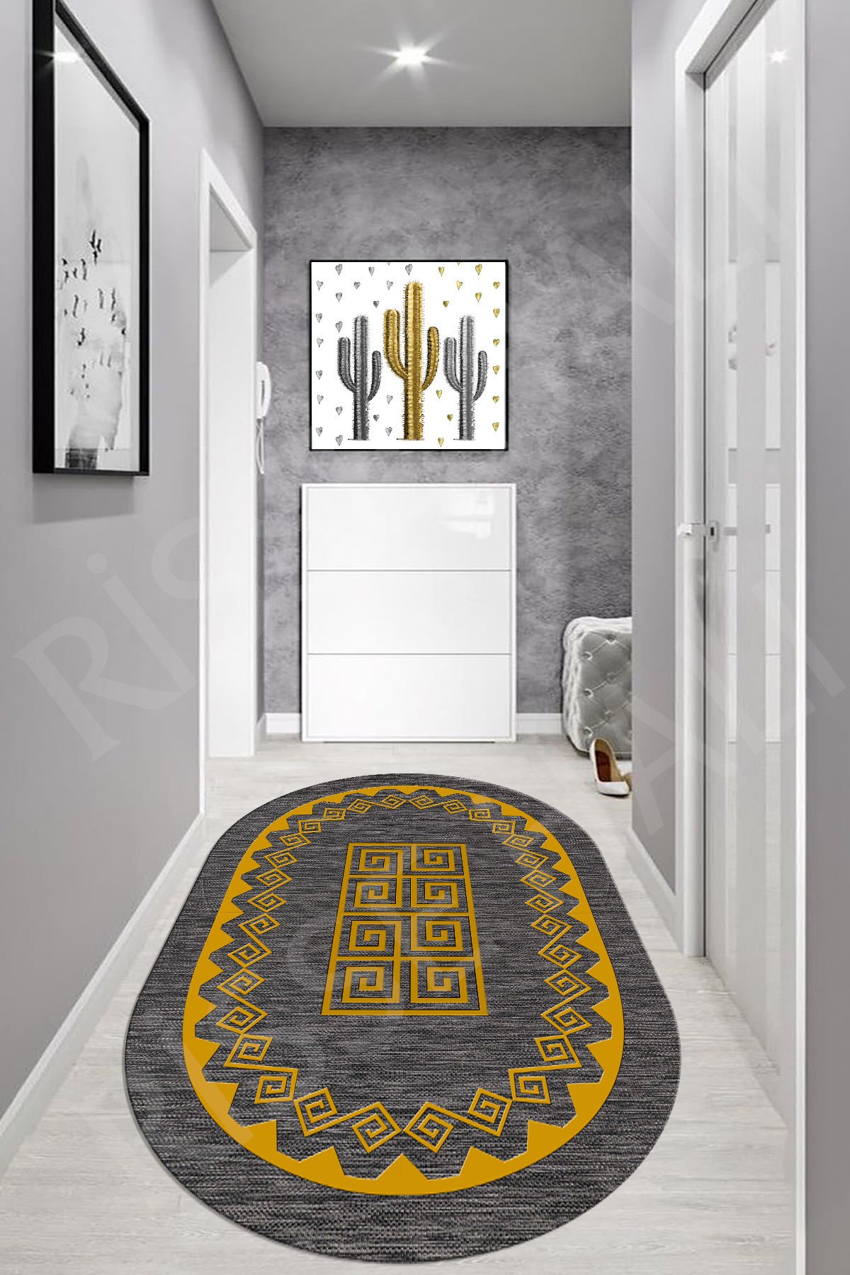 Dot Taban- Decozade Kaydırmaz Gold Gri Makinede yıkanır leke tutmaz Oval Hol Halı