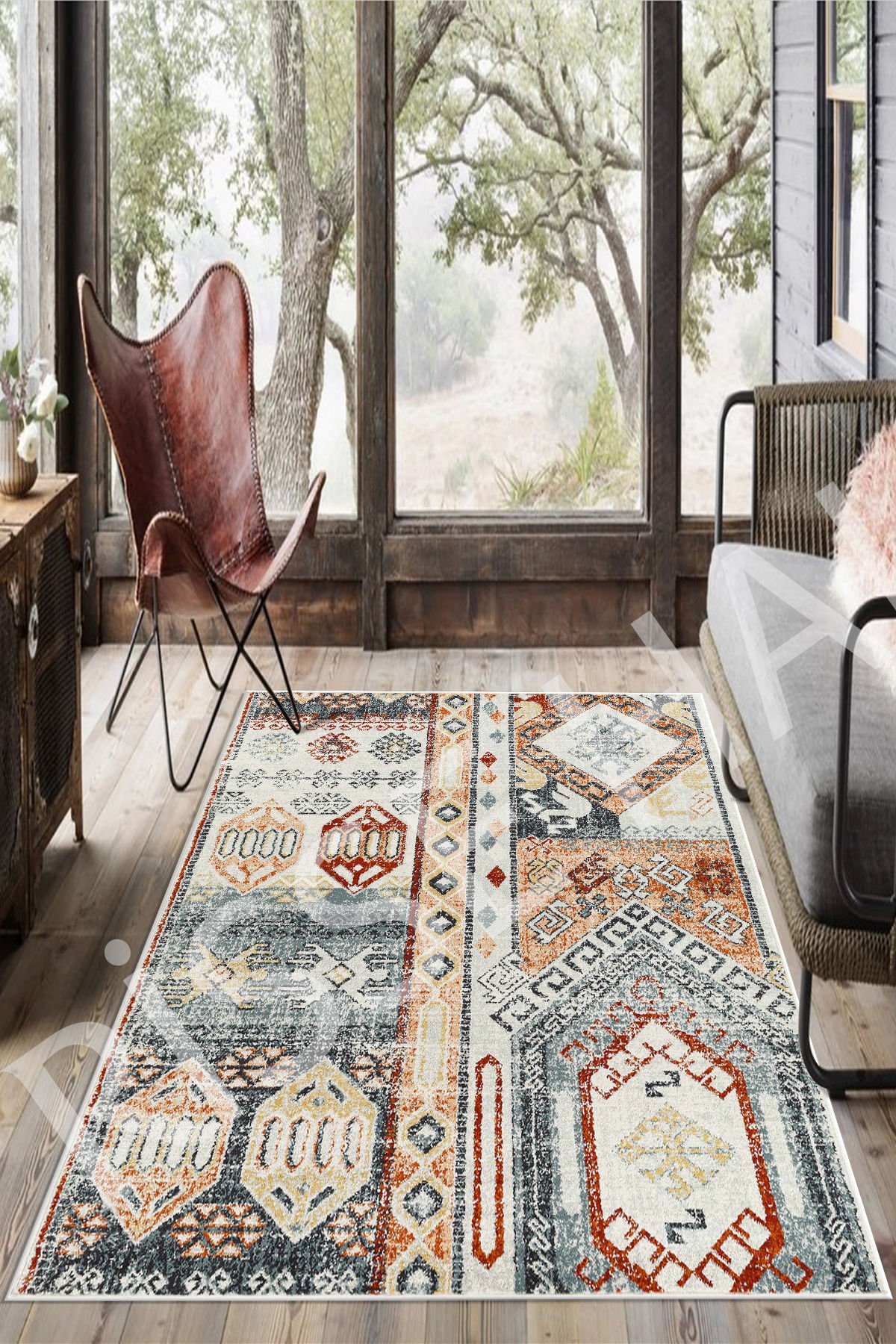 Dot Taban- Patchwork Kiremit Gri Desenli Kaydırmaz Makinede yıkanır leke tutmaz Salon Halısı