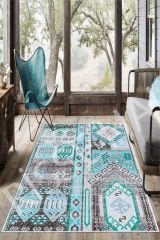 Dot Taban- Patchwork Yeşil Mavi Desenli Kaydırmaz Makinede yıkanır leke tutmaz Salon Halısı