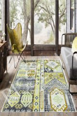 Dot Taban- Patchwork Gold Gri Desenli Kaydırmaz Makinede yıkanır leke tutmaz Salon Halısı