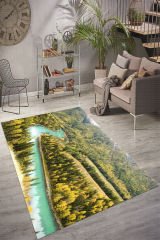 Dot Taban- Nehir Ve Orman Desenli Yeşil Renkli Modern Salon Halısı Dod Taban - 80 x 100