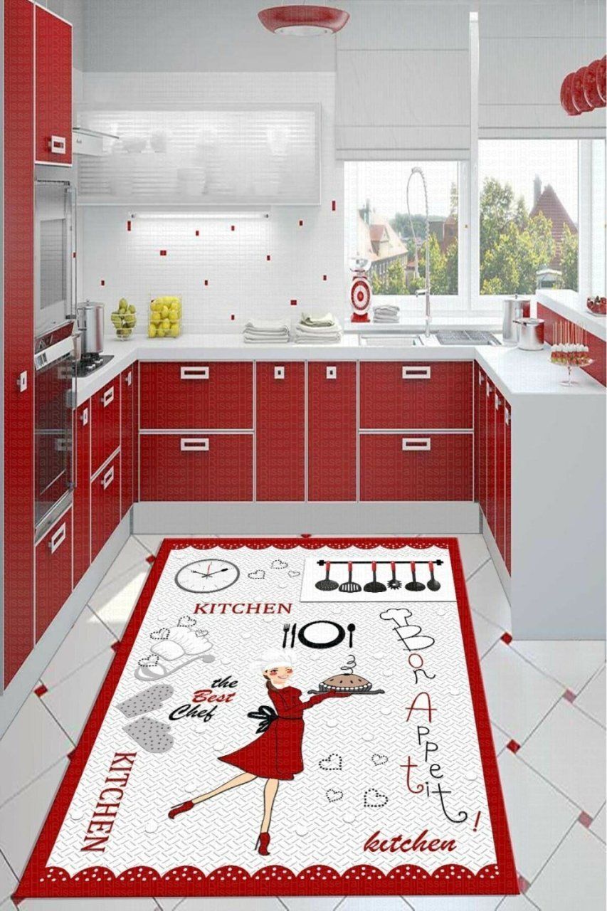 Dot Taban- Kırmızı Çerçeveli Şef Desenli Kitchen Mutfak Halısı