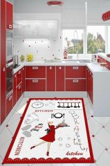 Dot Taban- Kırmızı Çerçeveli Şef Desenli Kitchen Mutfak Halısı