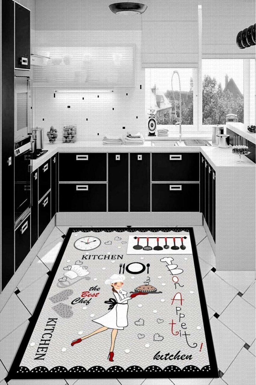 Dot Taban- Siyah Çerçeveli Şef Desenli Kitchen Mutfak Halısı