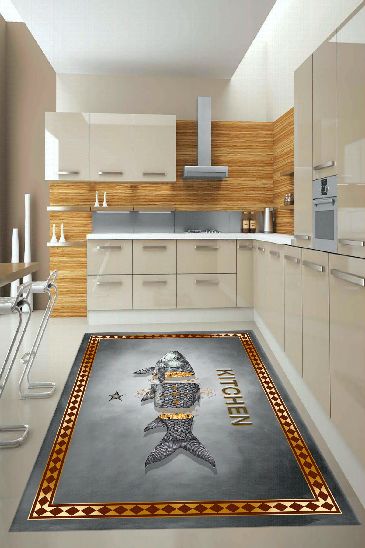 Dot Taban- Gri Gold Renkli Kitchen Yazılı 3d Balık Desenli Mutfak Halısı
