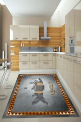 Dot Taban- Gri Gold Renkli Kitchen Yazılı 3d Balık Desenli Mutfak Halısı